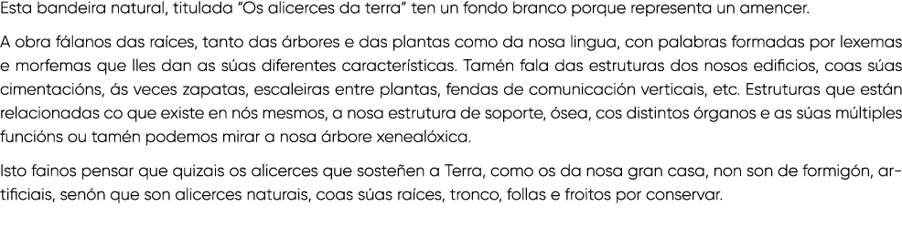 Esta bandeira natural, titulada “Os alicerces da terra” ten un fondo branco porque representa un amencer. A obra f la...