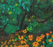 Maceira e flores, acrílico sobre lenzo, 65 x 100 cm.