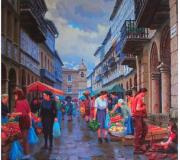 Mercadillo en Santiago de Compostela. Óleo sobre lienzo, 81x100 cm. 1996