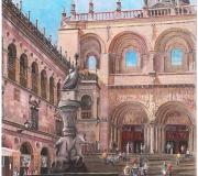 SANTIAGO, Peregrinos en Platerías. Témpera y acrílico sobre cartoncillo, 70 x 50 cm.