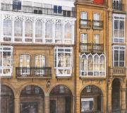 OURENSE, Fachadas modernistas. Témpera y acrílico sobre lienzo, 55 x 46 cm.