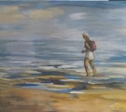 PASEANDO POR LA PLAYA, temple al huevo sobre tabla. 95 x 1,20cm.