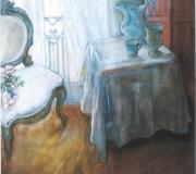 INTERIOR CON BALCÓN, temple al huevo sobre lino, 1,30 x 1,30 cm.