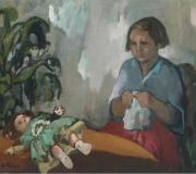 NIÑA VISTIENDO MUÑECA, óleo sobre lienzo, 60 x 80 cm.