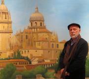 O pintor ante o seu cadro ´Catedral de Salamanca´.