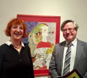 3. A artista Pilar Santos con Ramón Jiménez, coordinador de Actividades Culturais da Casa de Galicia ante a obra AMANITA MUSCARIA.