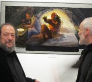 Os pintores J. Ménez e Luis Feira ante unha das obras do primeiro.